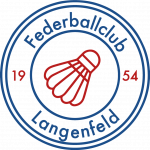 Rundes Logo des Sportvereins FC Langenfeld mit stilisiertem roten Federball in der Mitte und blauem Schriftzug "Federballclub Langenfeld" sowie den Zahlen "19" und "54" links und rechts außen